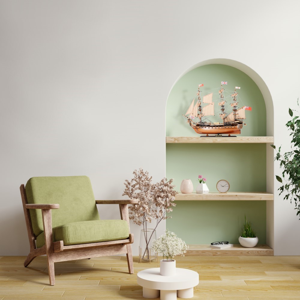 Mock up poster frame with green armchair in modern interior back